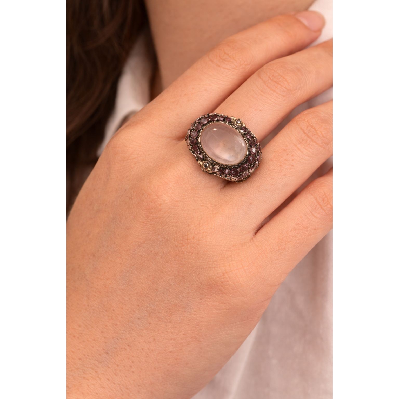 Barbara Bixby 18k Gold 925 Silver Rose Quartz Garnet Cabochon Ring Sz 7 With Box 250$